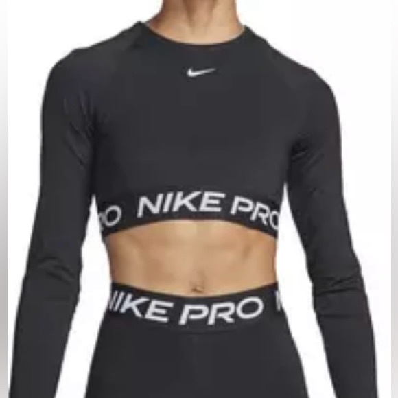 Nike Pro Dri-Fit Cropped Long Sleeve Top Black / White - Picture 1 of 7